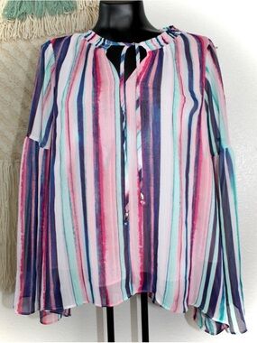 JENNIFER LOPEZ Medium Water color Striped Tie-Neck Blouse in Pink, Blue & Mint